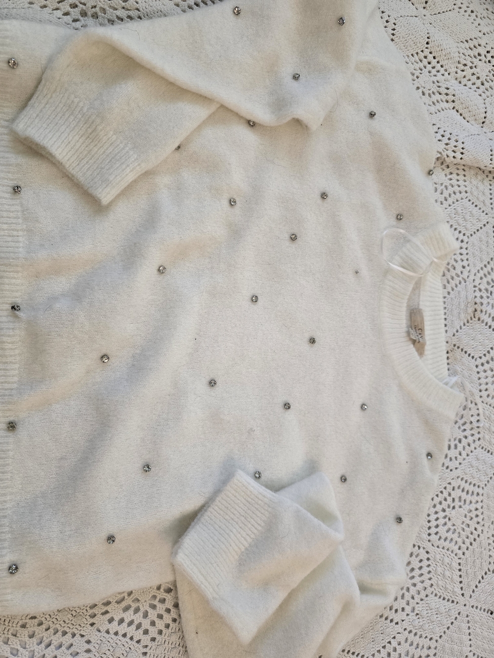Chelsea & Violet Ivory Crewneck Sweater with Crystal Accents
